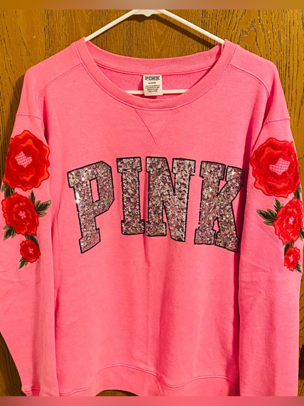 PINK Victoria's Secret Pink Sequin Logo Crewneck Sweatshirt with Floral Sleeves